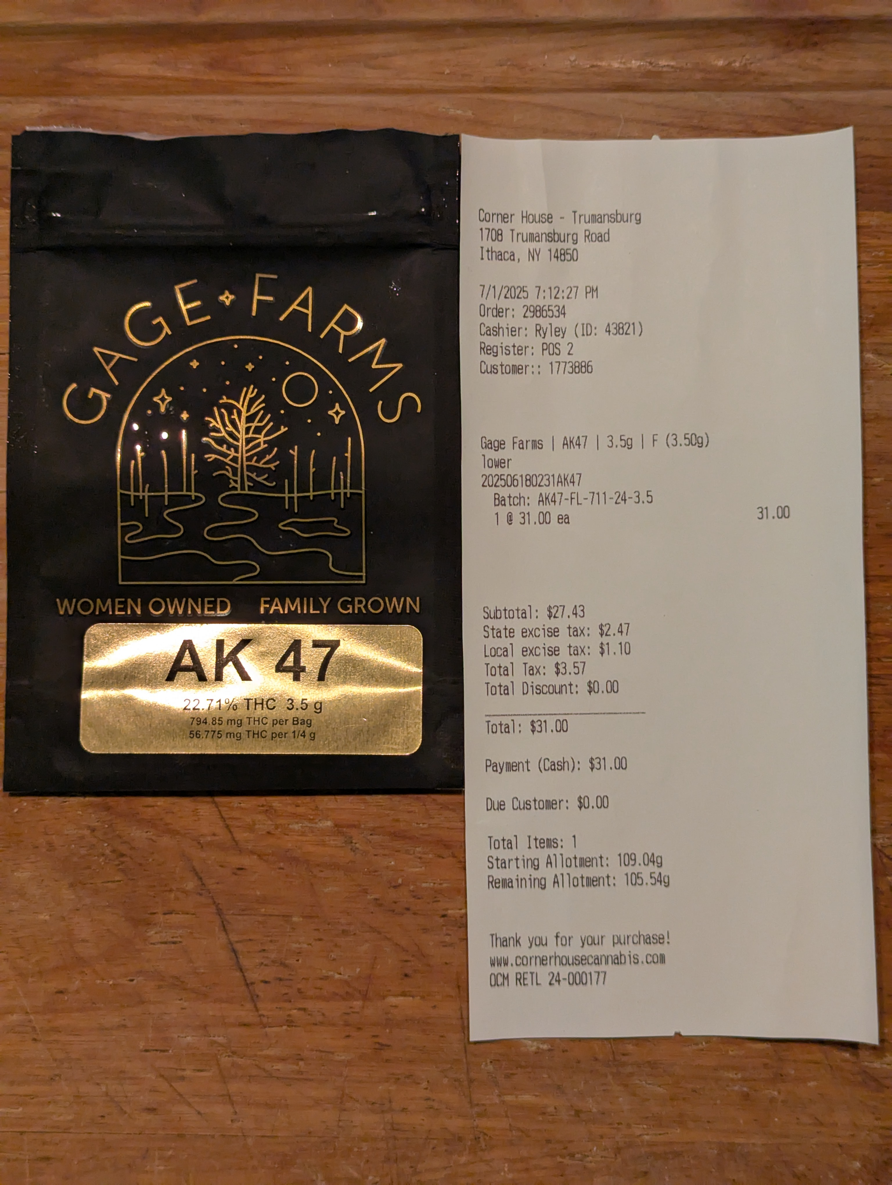 ./2025-07-01 - PXL_20250702_191859900 - The Corner House - 1 x 3.5gm Gage Farms AK-47 - - $31.00.jpg